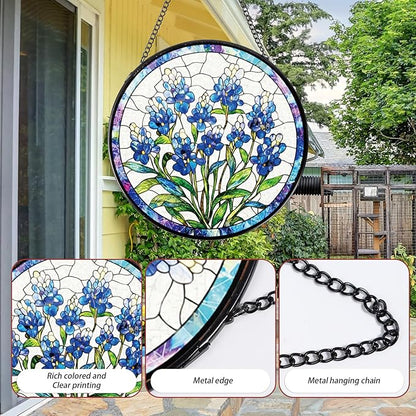 Rngmsi Stained Glass Window Hanging, Forget-Me-Not Sun Catcher Gift for Housewarming, Forget Me Not Suncatchers Gifts for Plant Lover Friends Home Decor 8 Inch