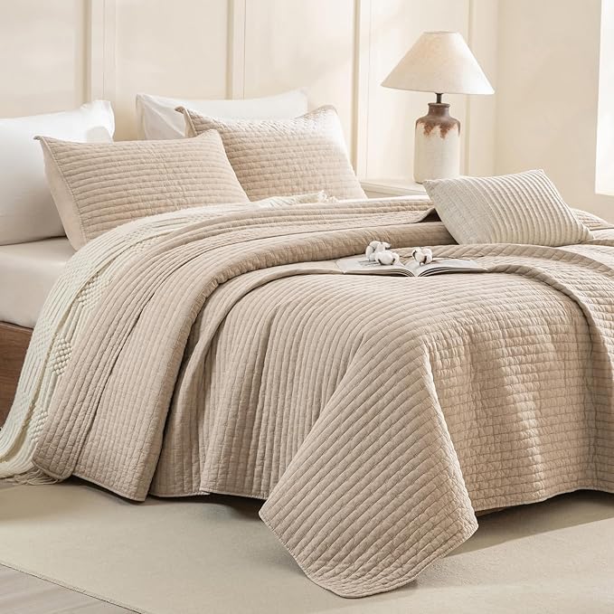 Sanracie Oversized King Bedspread (128"x120"), 100% Cotton Cross Stitch Pattern California King Coverlet Quilt Set 3Pcs Warm Taupe Colored Lightweight Extra Large King Bed Quilt for All Season