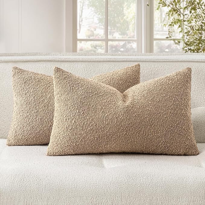 Woaboy Pack of 2 12x20 Inch Decorative Boucle Throw Pillow Covers Textured Lumbar Pillowcaes Accent Solid Cozy Soft Cushion Covers Home Decor for Sofa Couch Living Room Home Decor,Khaki