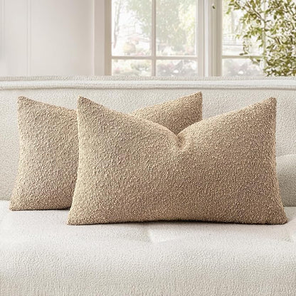 Woaboy Pack of 2 12x20 Inch Decorative Boucle Throw Pillow Covers Textured Lumbar Pillowcaes Accent Solid Cozy Soft Cushion Covers Home Decor for Sofa Couch Living Room Home Decor,Khaki