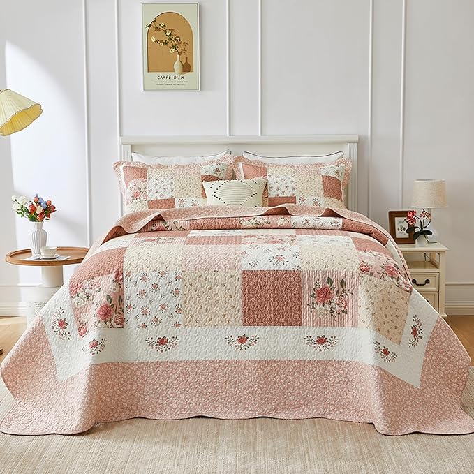 SahSahCasa 120"x102" 100% Cotton Oversized Queen Bedspread Coverlet Quilt Set, Patchwork Floral Quilted Bedspread Extra Large Wide Quilt, XL Bed Spread Lightweight Comforter, 3pc, Cream/Pink