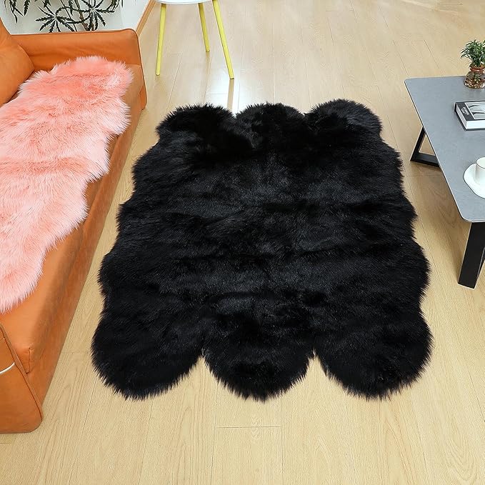 Faux Fur Rug Sheepskin Shag Fluffy Fuzzy Black 4x6 ft Rugs for Bedroom Bedside Bed Floor Living Room Plush High-Density Cushion Carpet Super Sofa Cover