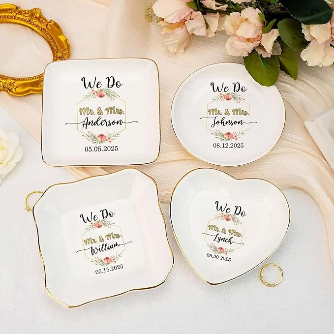 Custom Couple Jewelry Dish Engagement Gifts for Bride and Groom, Personalized Wedding Ring Holder, Mr and Mrs Ceramic Tray, Newlywed Trinket Plate, Gift for Wife Husband Anniversary