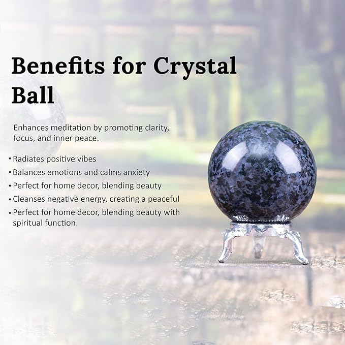 Crocon 45mm Indigo Gabbro Stone Sphere Ball with Metal Stand 1400+ Carats Gemstone Ball Healing Sphere Sculpture Figurine for Fengshui Divination Home Decoration Photography Crystal Sphere