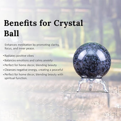 Crocon 45mm Indigo Gabbro Stone Sphere Ball with Metal Stand 1400+ Carats Gemstone Ball Healing Sphere Sculpture Figurine for Fengshui Divination Home Decoration Photography Crystal Sphere