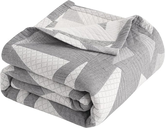 NTBAY 3 Layers Cotton Muslin 106x92 King Bed Blanket, Super Soft Breathable Thermal Yarn Dyed Quilt for Adults, Perfect Lightweight Blanket for Couch Sofa Bed All Seasons, Grey Triangle