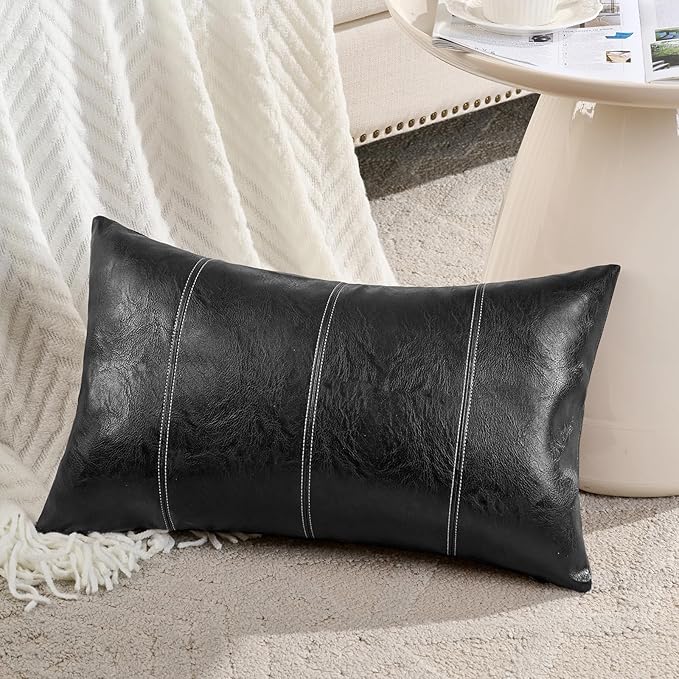Fancy Homi 2 Packs Black Lumbar Faux Leather Decorative Throw Pillow Covers 12x20 Inch for Living Room Couch Bed Sofa, Boho Farmhouse Home Decor, Hand Stitched Rectangle Cushion Case 30x50 cm