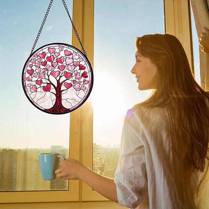DASTOLL Stained Glass Window Hanging, Pink Love Heart Tree Suncatcher Hangings Beige Sun Catchers Decor for Birthday Holiday for Women, Men, Wife, Aunt, Mom 7.8 in