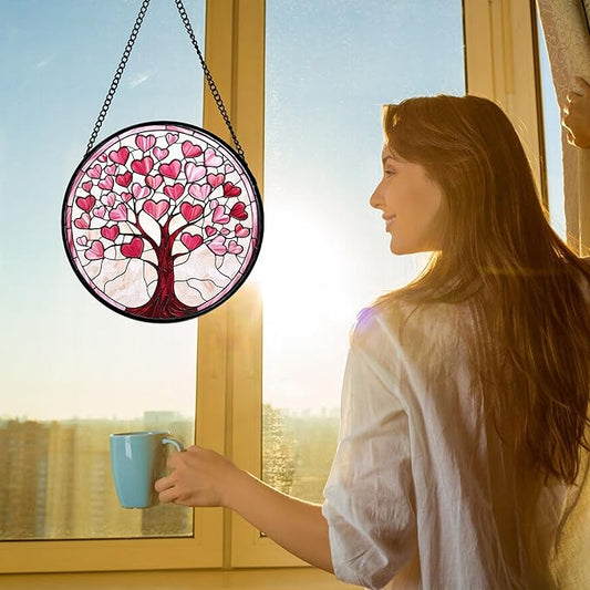 DASTOLL Stained Glass Window Hanging, Pink Love Heart Tree Suncatcher Hangings Beige Sun Catchers Decor for Birthday Holiday for Women, Men, Wife, Aunt, Mom 11.8IN