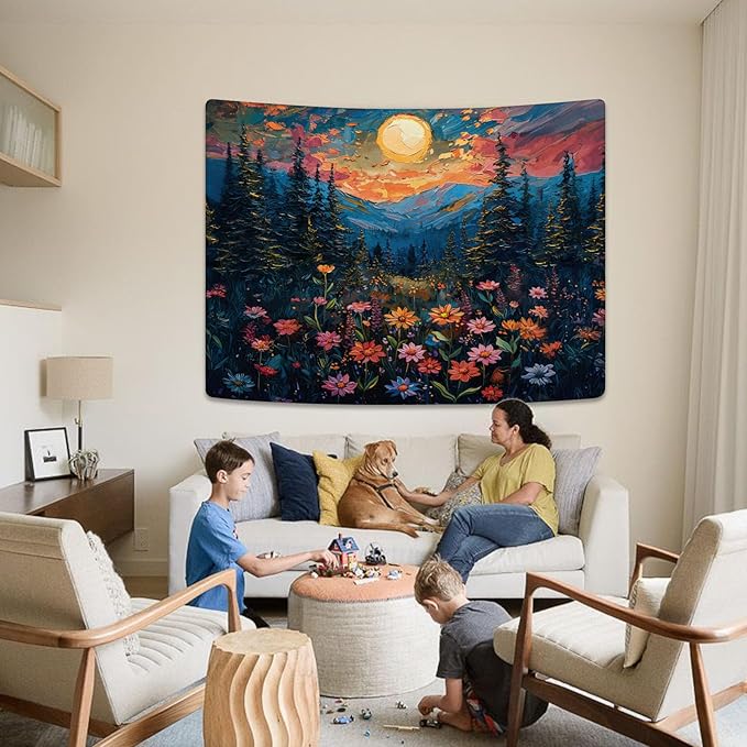 kampdream Landscape Tapestry, Scenery Art Wall Tapestries, Nature Wall Decor for Bedroom Living Room Backdrop Sunset Wildflowers 36×48 inches