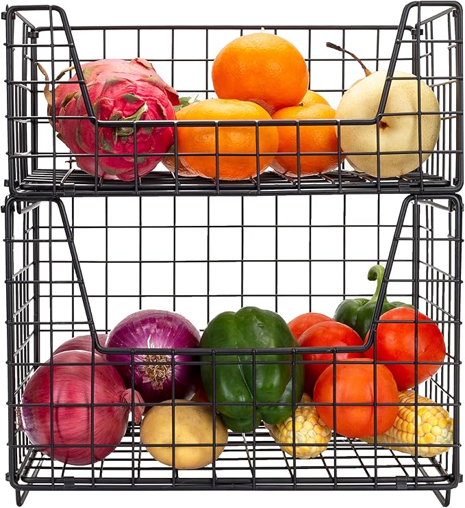 TIEYIPIN 2 Tier Metal Wire Storage Basket, Stackable Fruit Vegetable Food Baskets Cabinet Organizer Pantry Bin for Home Bathroom Kitchen Office Organization - Black
