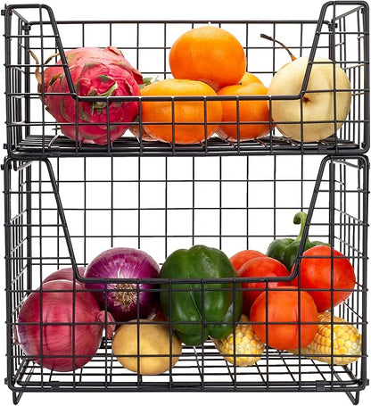 TIEYIPIN 2 Tier Metal Wire Storage Basket, Stackable Fruit Vegetable Food Baskets Cabinet Organizer Pantry Bin for Home Bathroom Kitchen Office Organization - Black