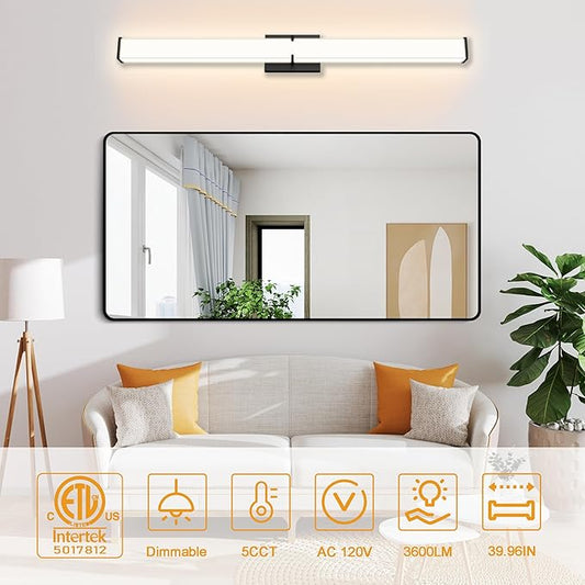 39.96Inch 3600LM Bathroom Light Fixtures 5CCT Optional, Black Modern LED Vanity Light Clear & White Shade, Dimmable Bathroom Lighting Fixtures Over Mirror - ETL Listed