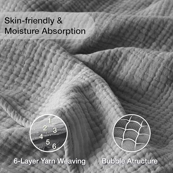 100% Cotton Muslin Blanket Queen 90" x 90", 6 Layers Breathable and Lightweight Cotton Throw Blanket for Bed, Soft Quilt Bedspread Coverlet, Gauze Blanket for Adults All Season, Grey