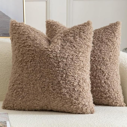 Yaertun Pack of 2 Faux Fur Throw Pillow Covers Decorative Sherpa Boucle Pillow Covers Fuzzy Soft Pillowcases Sheepskin Fleece Cushion Case for Couch Sofa Bed Living Room 20x20 Inch Khaki