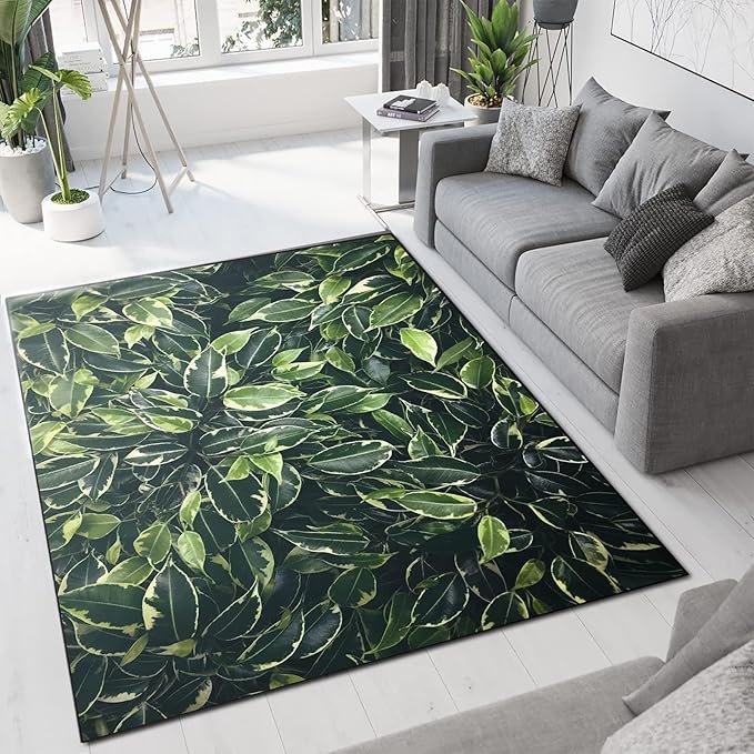 Modern Light Luxury Green Eucalyptus Leaf Area Rug, Nordic Fresh Natural Carpet, Easy Clean Carpet Washable Indoor Non-Slip Rug for Boys and Girls Nursery Bed Living Room Decor,5.3 x 8ft