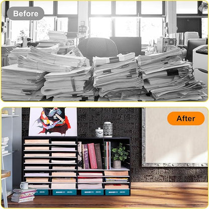 EasyPAG Mail Organizer Countertop, Wood Literature Organizer with Adjustable Shelves, Student Classroom Mailbox for School, Desktop Paper Sorter for Office Home, 36 Compartments, Black/White