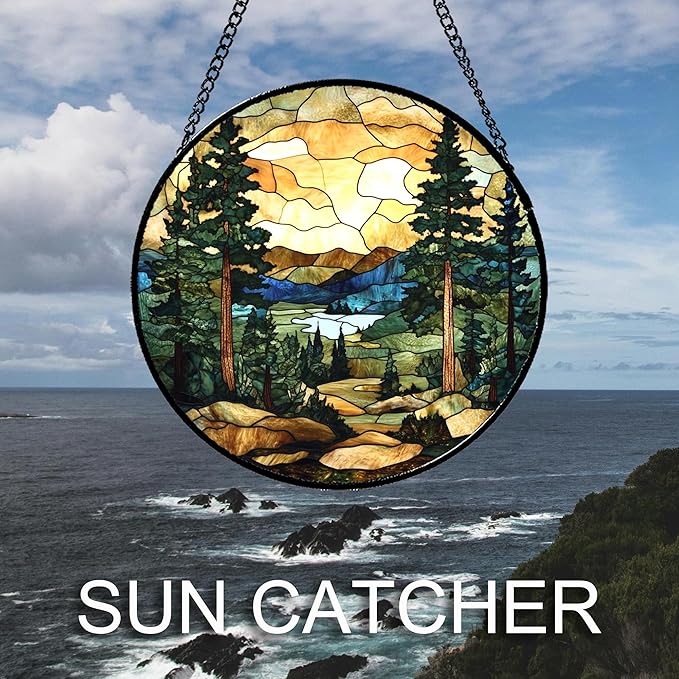 Stained Glass Window Hanging Forest Lake Mountain Sunset Large 11.8" - Suncatcher Door Garden Sunroom Sun Catcher Home Decor Birthday Christmas for Mom Men Woman Nana Friend