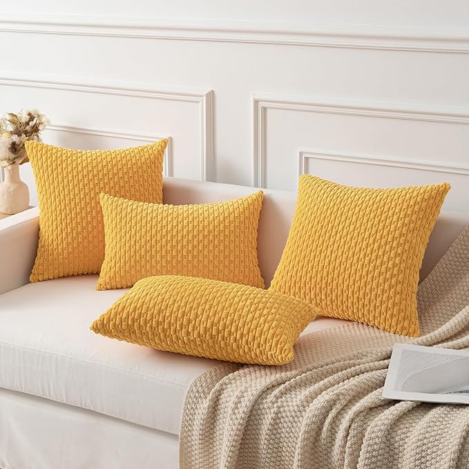 Kevin Textile Set of 2 Decorative Pillow Cover Solid Striped Corduroy Plush Velvet Cushion Cover for Couch Machine Washable Pillowcase 50cm 20 x 20 Inch Yellow