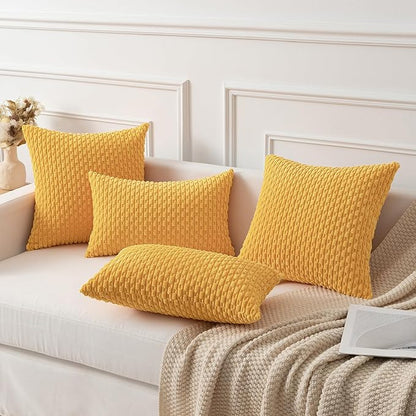 Kevin Textile Decorative Pillow Covers Soft Striped Velvet Throw Pillow Covers Set of 2 Cushion Cover for Chair 18 x 18 Inch Yellow