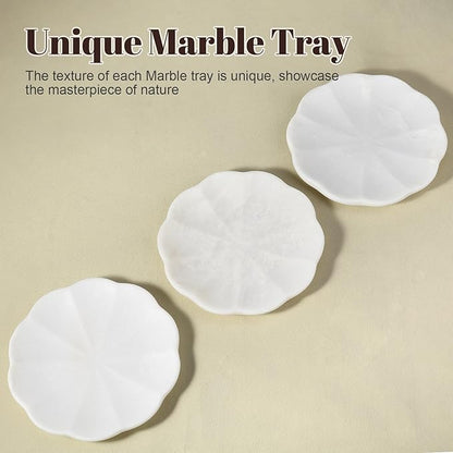 Koville Marble Tray, 8" Round Marble Vanity Tray for Jewelry Trinket Perfume, Natural Stone Tray for Bathroom Kitchen Dresser Countertop, Scalloped Decorative Tray for Home Table Decor(White)