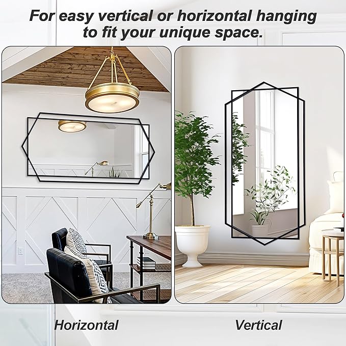 28"x 55" Decorative Mirror for Living Room with Hexagon and Rectangular Metal Frame, Entryway Mirror for Wall Decor, Vertical or Horizontal Hanging, Black