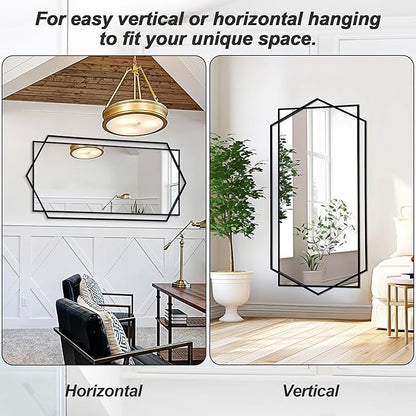 28"x 55" Decorative Mirror for Living Room with Hexagon and Rectangular Metal Frame, Entryway Mirror for Wall Decor, Vertical or Horizontal Hanging, Black