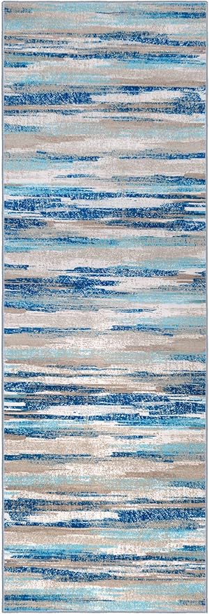 Modern Abstract Runner Rug 2.6x10, Blue Washable Long Kitchen Runner Non-Slip Soft Hallway Rug Runner Thin Print Faux Wool Carpet for Entryway Bedroom Laundry Room Indoor Home Decor