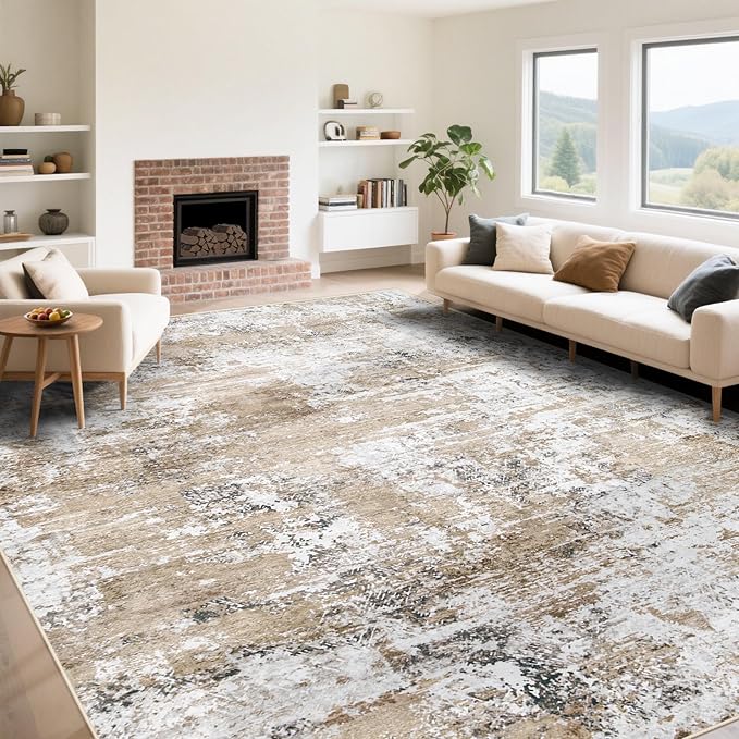 9x12 Area Rug for Living Room, Washable Modern Abstract Large Area Rug Neutral Soft Non Slip Kids Rug Stain Resistant Indoor Carpet for Bedroom Dining Room Playroom Home Office(Beige, 9'x12')