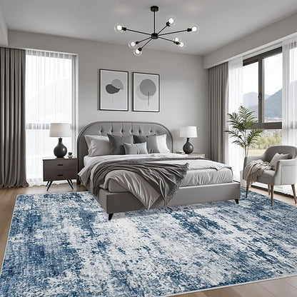 8x10 Area Rug Living Room Rug: Washable Modern Abstract Soft Thin Rug Indoor Floor No Slip Stain Resistant Carpet for Bedroom Dining Room Farmhouse Nursery Home Office - Blue