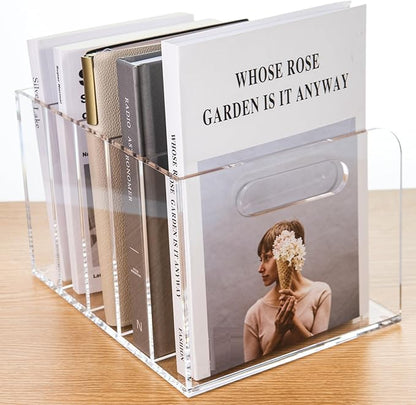Acrylic Magazine File Holder, 5 Vertical Compartments Desk Document Sorter Organizer, Clear Folder Rack Binder for Office/Documents/Classroom, for Home, Tablet, Magazines, Books & Accessories