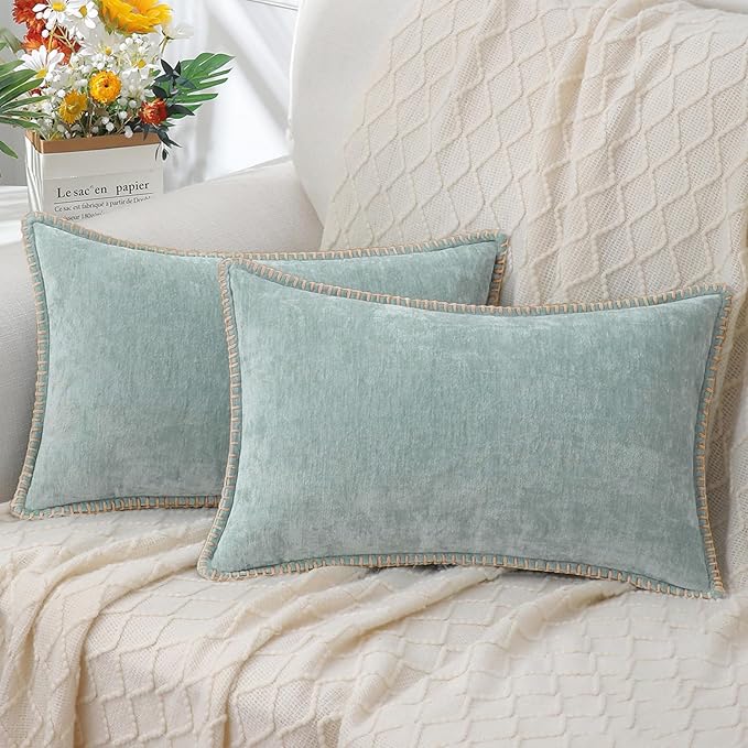 decorUhome Spring Chenille Soft Throw Pillow Covers 12x20 Set of 2, Lumbar Velvet Farmhouse Neutral Decorative Pillow Covers with Stitched Edge for Couch Sofa Bed Home Decor, Aqua Haze