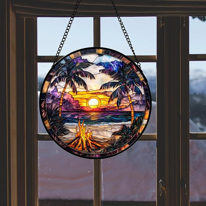 Stained Glass Window Hanging,Bonfire Beach Landscape Suncatcher Diamond Glass Panel Sun Catchers Decor for Birthday for Women, Men, Wife, Aunt, and Mom 14.9x14.9 in