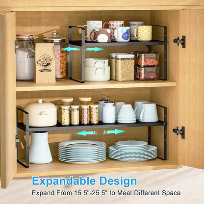 15.5 to 25.5 Inch Kitchen Cabinet Shelf Organizers, Adjustable Kitchen Counter Shelf Organizer, Set of 4 Expandable Countertop Storage Shelves, Stackable Design, 30LBS Heavy Duty, Space Saver