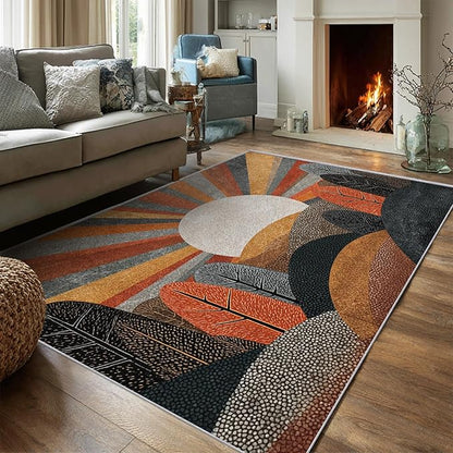 Bohemian Rug, 4x6 Area Rugs Abstract Forest Sun Tree Pattern for Living Room, Bedroom, Bohemian Home Decor Accessories Indoor Carpet, Non Slip & Machine Washable