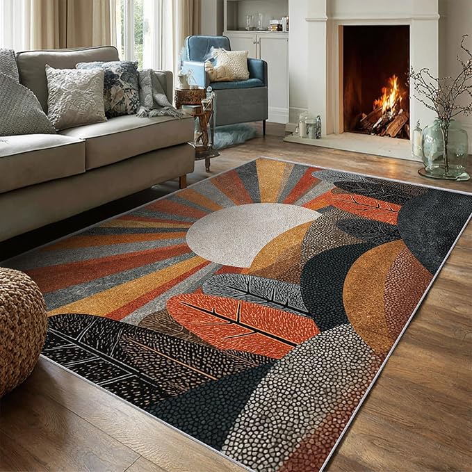 Bohemian Rug, 5x8 Area Rugs Abstract Forest Sun Tree Pattern for Living Room, Bedroom, Bohemian Home Decor Accessories Indoor Carpet, Non Slip & Machine Washable