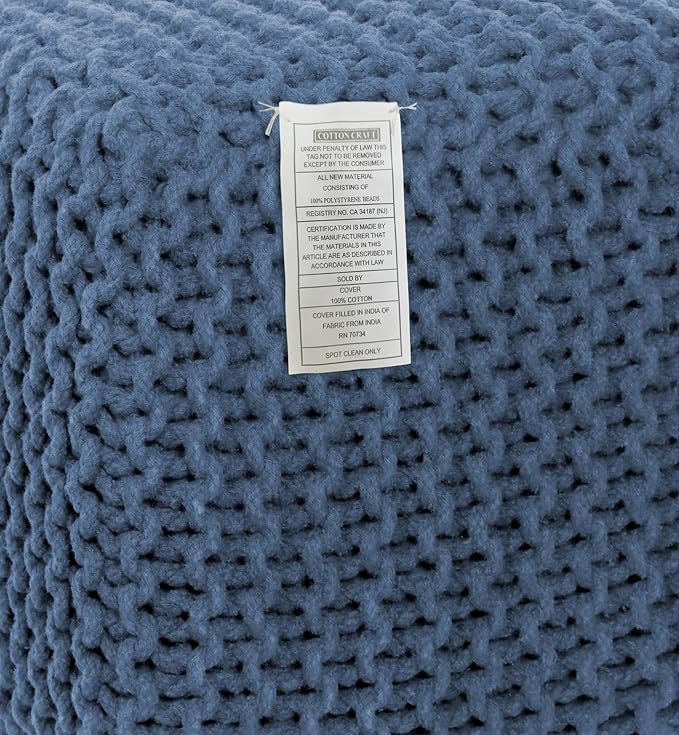 COTTON CRAFT Braided Cube Pouf - Hand Knitted Cotton Cord Cable Dori Ottoman - Foot Stool - Floor Pouf - Footrest - Portable Lightweight Accent Seat - Living Room Bedroom Dorm - 15 x 15 Square - Blue