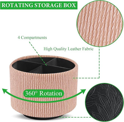 Round Leather Art Supply Organizer,Remote Control Holder,360 Degree Spinning,Multi-Functional Pencil Holder,4 Compartments Desktop Stationary Organizer(1-Wood Apricot)