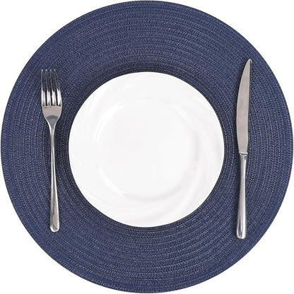 SHACOS 15 inch Navy Blue Round Placemats Set of 12 for Dining Table Woven Braided Circle Place Mats Kitchen Placemat Washable Table Mats