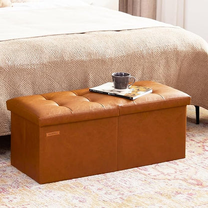 HAUSFRAU 31.5 Inches Ottoman with Storage Bench, Folding Ottoman Bench Small Foot Rest Stool, Bedroom Bench with Flipping Lid, Faux Leather Cognac Brown
