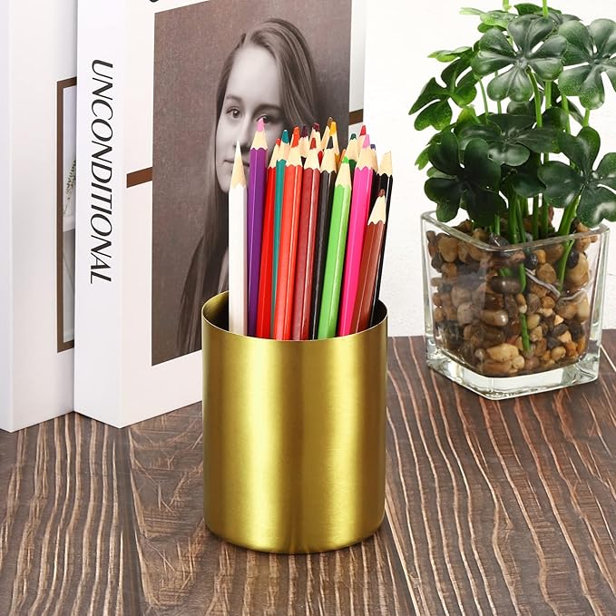 PATIKIL Pencil Holder, 2 Pack Pen Holder for Desk Stainless Steel Pencil Holders Cup Organizer Makeup Brush Holder for Desk Accessories, Golden