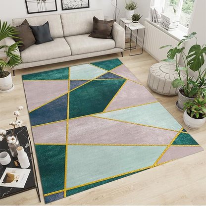 Pink Irregular Geometric Color Block Area Rug, Nordic Simple Gold Line Print Large Rugs, Machine Washable Breathable Durable Carpet for Room Sofa Living Room Mat Bedroom Decor Floor Mat,3 x 5ft