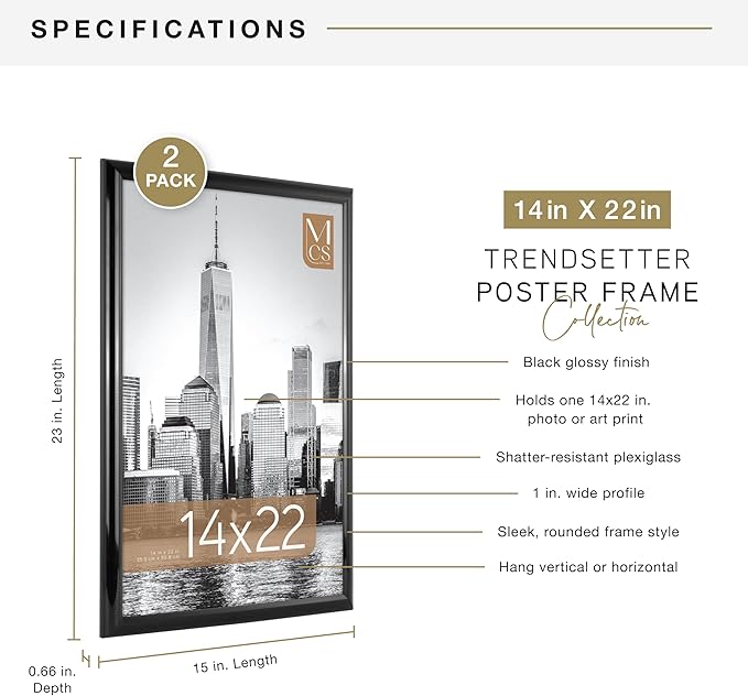 MCS Trendsetter 14x22 Poster Frame Black High-Gloss, Vertical & Horizontal Wall Hanging Large Picture Frame for Photos, Posters & Art Prints (2-Pack)