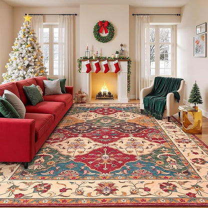 Lessymo Moroccan 8x10 Area Rugs for Living Room, Ultra-Thin Washable Rugs Vintage Non-Slip Non Shedding Accent Carpet for Bedroom Dining Room Office Nursery, Classic Red and Cream