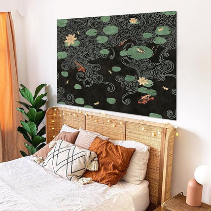 Lifeella Japanese Tapestry, Koi Pond Tapestry, Abstract Lotus Lily Wall Hanging, Zen Nature Aesthetic Art Wall Decor for Bedroom Living Room Dorm, Black 36x48 inches