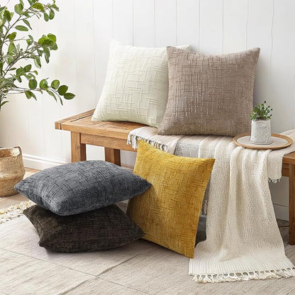decorUhome Spring Oatmeal Chenille Throw Pillow Covers 16x16 Set of 2 Textured Slubby Couch Pillow Covers Farmhouse Accent Modern Neutral Decorative Pillow Cases for Bed Sofa Living Room