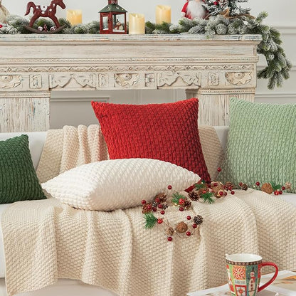 Kevin Textile Christmas Throw Pillow Covers Soft Corduroy Decorative Set of 2 Boho Striped Pillow Covers Pillowcases Farmhouse Home Decor for Couch Bed Sofa Living Room 18x18 Inch Red