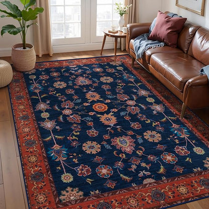 Tangsoo 8x10 Large Area Rug for Living Room,Non Slip Machine Washable Rug for Bedroom, Boho Distressed Vintage Red Blue Floral Rugs, Soft Low Pile Floor Carpet for Dining Room Office Kitchen Farmhouse