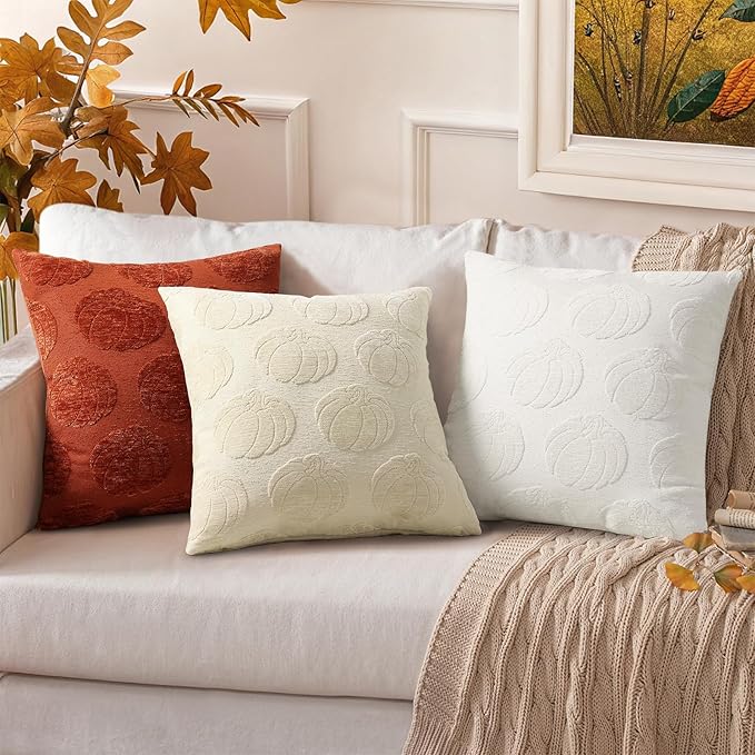 decorUhome Decorative Cream White Pumpkin Thanksgiving Throw Pillow Covers 18x18 Set of 2, Soft Chenille Jacquard Farmhouse Textured Pillow Covers for Couch Bed Sofa Autumn Harvest Halloween Holiday