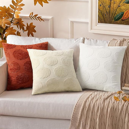 decorUhome Decorative Cream White Pumpkin Thanksgiving Throw Pillow Covers 18x18 Set of 2, Soft Chenille Jacquard Farmhouse Textured Pillow Covers for Couch Bed Sofa Autumn Harvest Halloween Holiday